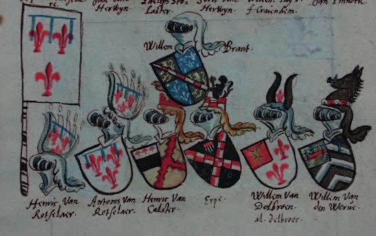 Afb. 3: Rotte van Hendrik van Rotselaar, heer van Roost, in het Wapenboek Udekem. Boven de rotte van vijf leden, onder wie zijn zoon Antoon, is het wapenschild van Willem Brant tussen gevoegd. RAG, AUA 4498, fol 5v. © Gent, Rijksarchief.
