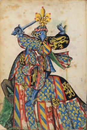 Afb. 7: Hertog Filips de Goede, uitgedost als toernooiridder, met toernooizwaard en toernooihelm en getooid met het ordeteken van het Gulden Vlies. Jean Lefèvre de Saint-Rémy, Grand armorial équestre de la Toison d’or, c. 1435-1438. © Bibliothèque Nationale de France, ms. Arsenal 4790 fol. 149v.