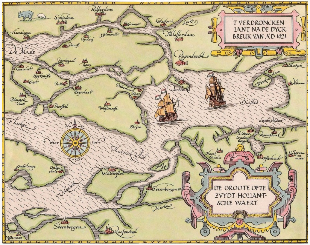 Kaart van de omgeving van Raamsdonk van de Sint Elisabethsvloed van 1421