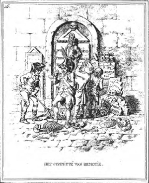 Zeldzame spotprent van de vernieling van de grafruimte in de Jacobijnerkerk te Leeuwarden, 1795.