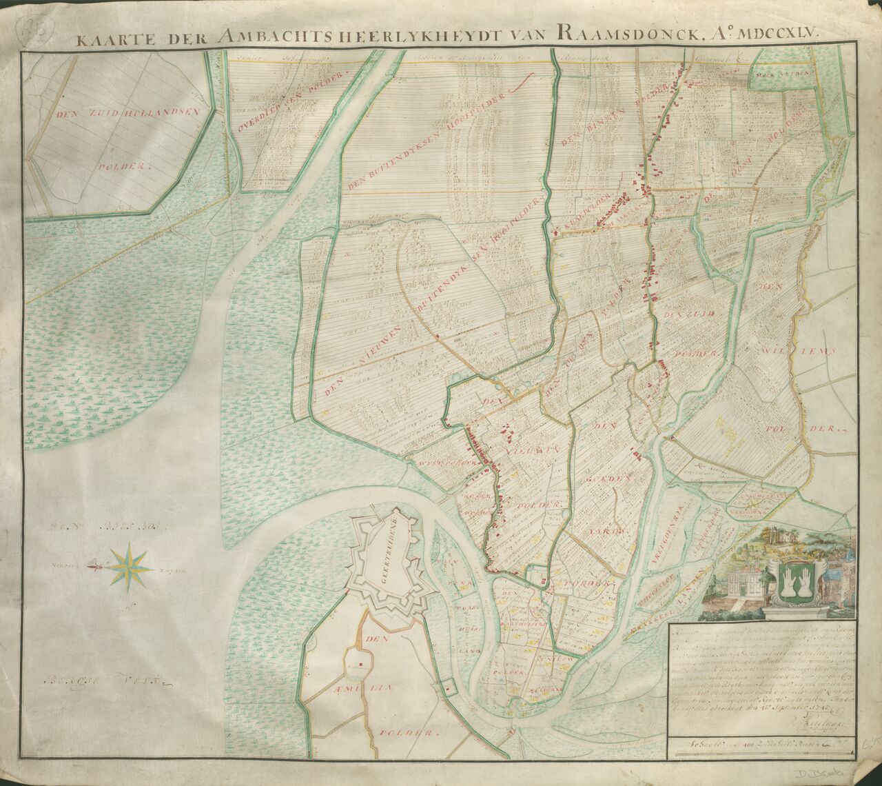 Kaart van de ambachtsheerlijkheid Raamsdonk. Met kompasroos. Maten in de genummerde percelen. Met toponiemen. Versierd met het wapen van Raamsdonk en een afbeelding van de kerk, een (het raad?)huis en een boerderij. (4 september 1745)