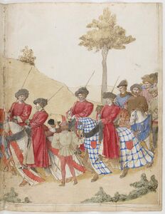 Prent f58r (dubbelblad): Illustreert de intocht van de toernooirechters met hun gevolg