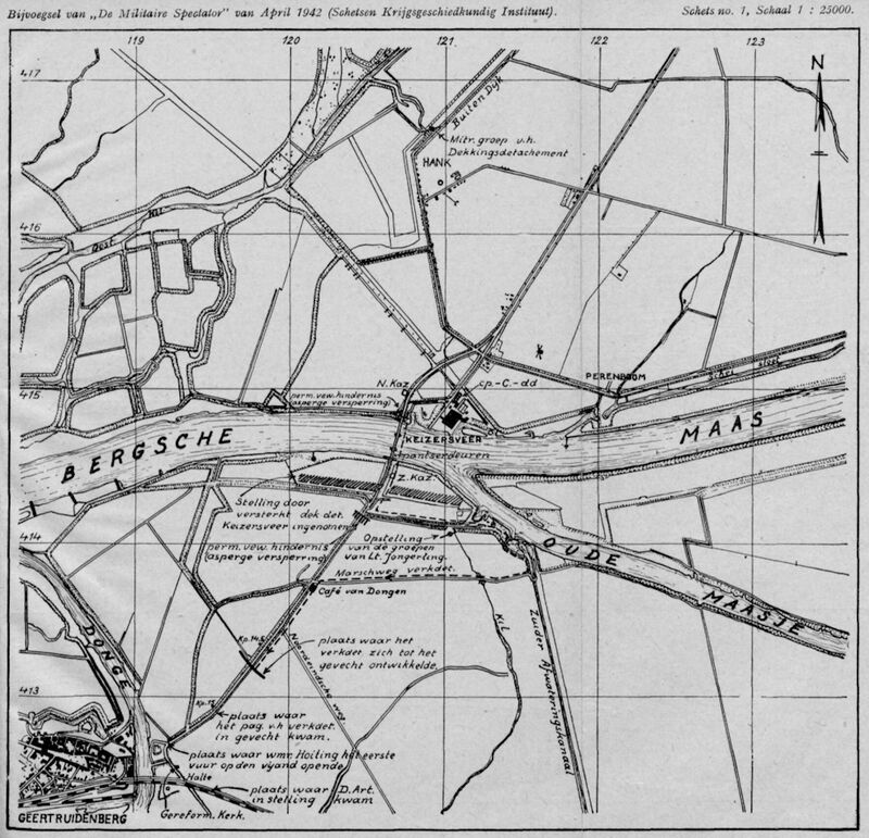 Deze schetsen behooren bij het artikel HET GEVECHT BIJ DE BRUG VAN KEIZERS VEER (13 Mei 1940) gepubliceerd in „De Militaire Spectator" van Februari 1942, no. 2.