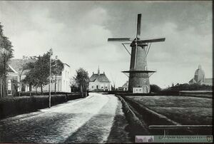 Zicht op Raadhuis, molen en St. Bavokerk