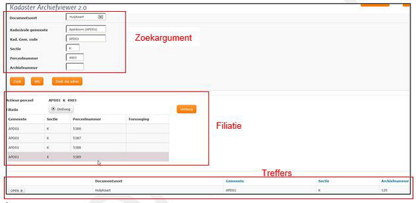 Weergave van zoekresultaten in de Kadaster Archiefviewer