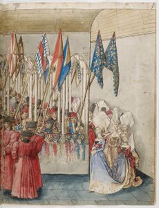 Prent f68r (dubbelblad): Toont het klooster waar iedereen zich heeft verzameld. Later die avond zal door het voltallige gezelschap gedanst en gefeest worden, zoals trouwens elke avond zolang het toernooi duurt.