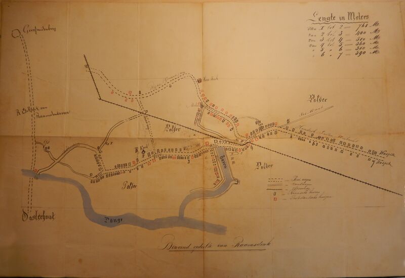 Kaart van Raamsdonk omstreeks 1880 met legenda protestanten en katholieken om positie nieuwbouw Sint Bavokerk te bepalen.