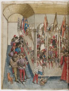 Prent f67v (dubbelblad): Toont het klooster waar iedereen zich heeft verzameld. Later die avond zal door het voltallige gezelschap gedanst en gefeest worden, zoals trouwens elke avond zolang het toernooi duurt.