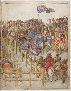 Prent f77r (dubbelblad): Toont hoe beide groepen zich komen opstellen voor het afleggen van de eed waarbij de deelnemers het gezag van de scheidsrechters aanvaarden.