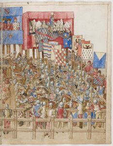 Prent f98r (dubbelblad): Beide groepen staan klaar voor de strijd. Er wordt een ereridder aangesteld die het gebeuren zal controleren en eventueel een ridder die in bescherming werd genomen door de dames kan aanduiden, zodat die niet meer mag worden aangevallen.