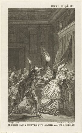 Gravure van Reinier Vinkeles en Jacobus Buys uit 1794. Jonkvrouw Aleid van Poelgeest 's nachts in haar slaapkamer vermoord door Hoekse soldaten met fakkels, 22 september 1392.