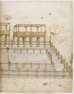 Prent f49r (dubbelblad): Illustreren de beschrijving van het strijdperk (lice)