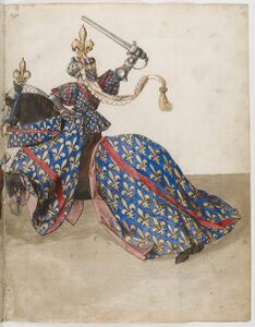 Prent f46r (dubbelblad): Tonen de hertogen van Bretagne en van Bourbon te paard, in volle wapenrusting