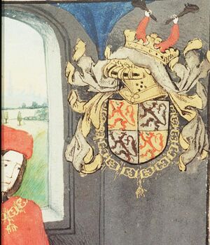 Wapenschild van Reinoud II van Brederode in het wapenboek van de ridders van het Gulden Vlies. Hier is goed te zien dat Reinoud het ongedeelde wapen van Holland voert, zonder barensteel. Dat de rode leeuw van Valkenburg hier bruin is geworden komt doordat de zilververf is geoxideerd (zie hier voor meer uitleg door Marjolijn Kruip). Den Haag, Koninklijke Bibliotheek, ms. 76 E 10.